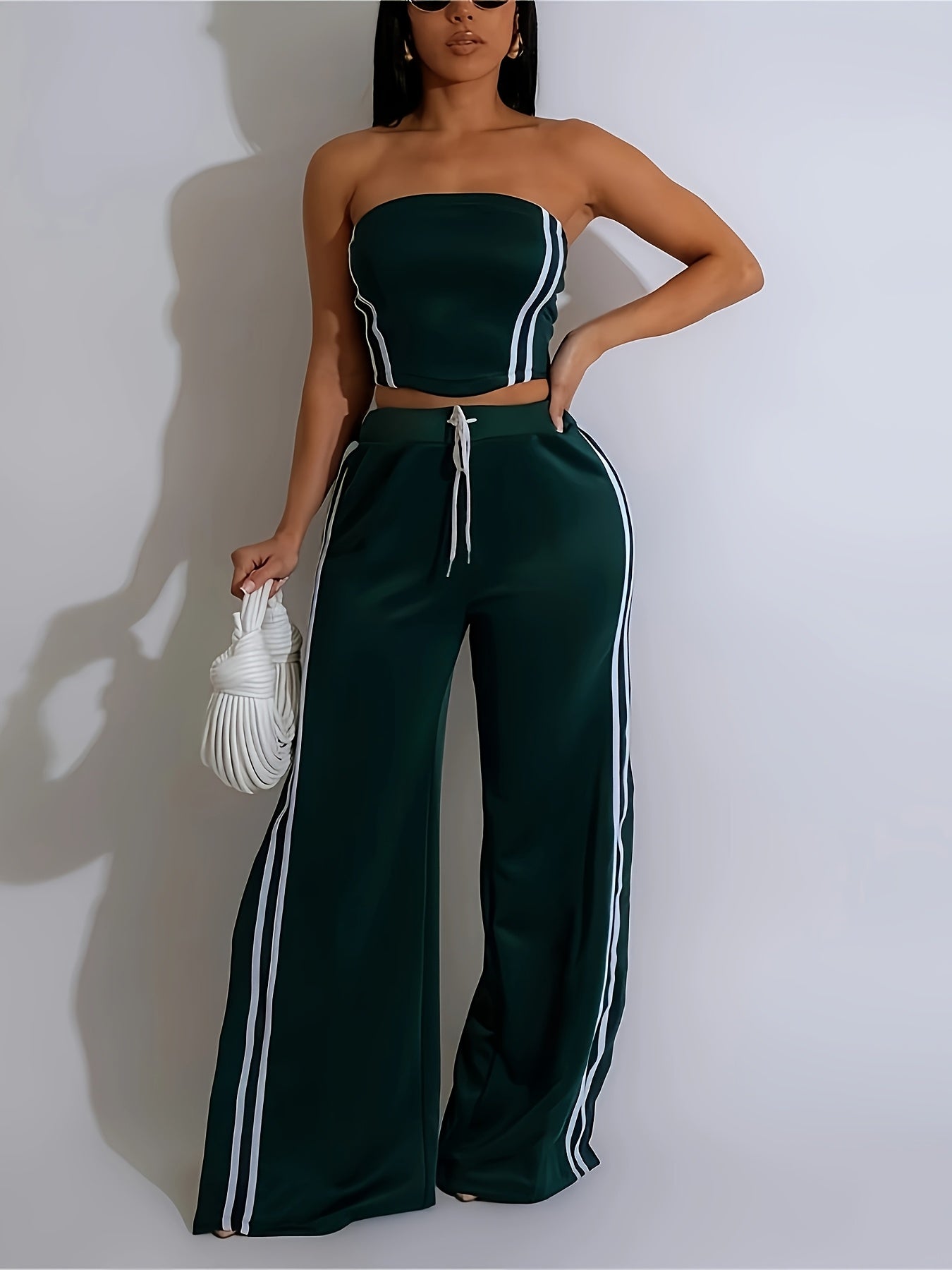 Loose-Fitting Striped Long Pants Set with a Bustier Top