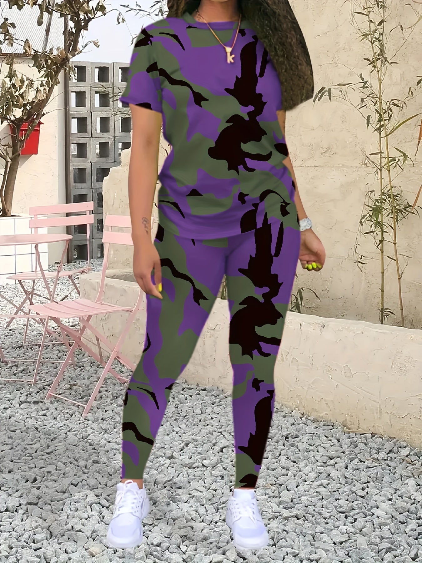 Camo Print Two-piece Set, Casual Crew Neck T-shirt & Skinny Pants Outfits, Women's Clothing