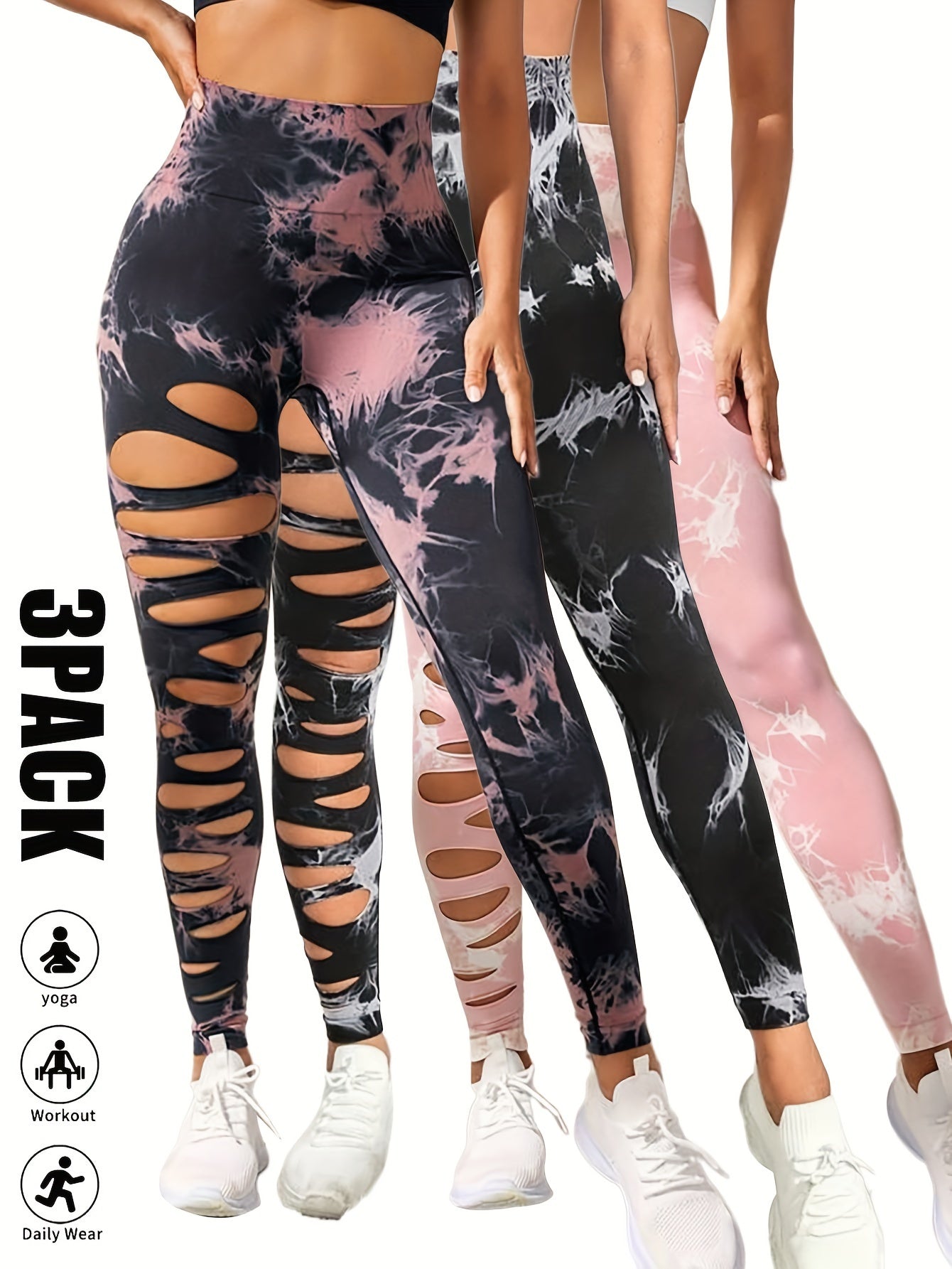 [3 Pack High Waist Yoga Leggings] 3 Pack Women's Tie Dye Cutout Tights High Waist Workout Yoga Leggings, Scrunch Butt Lifting Elastic Pants, Womens High Waist Yoga Pants Cutout Ripped Tummy Control Workout Running Yoga Skinny
