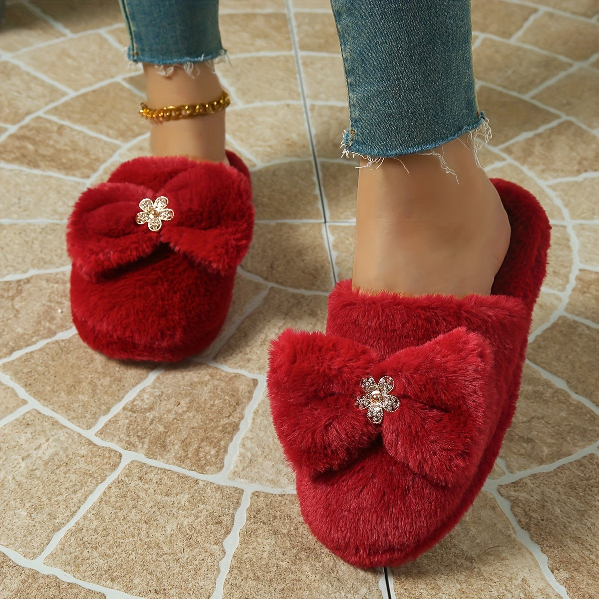 Elegant Wine Red Faux Rabbit Fur Slippers with Large Bowknot Design, Comfortable Non-Slip Indoor Slippers for Women, Soft Fabric Lining, TPR Sole - Perfect for Autumn and Winter, Indoor Slippers|Bowknot Design|Soft Fabric Sli