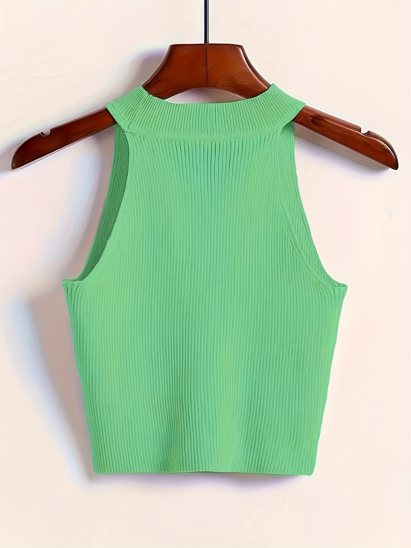 Elegant Green Off-Shoulder Knit Tank Top - Sleeveless, High Neck, Polyester Lining, Perfect for Spring & Fall, Beachwear|Minimalist Fashion|Smooth Texture