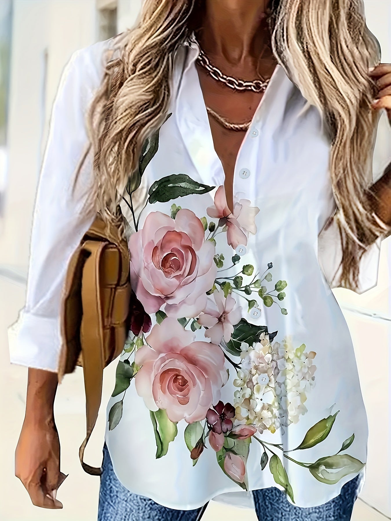 Women'S Floral Print Long Sleeve Casual Button-Up Shirt - White with Pink Roses & Green Leaves, Perfect for All Seasons, Casual Attire|Floral Print Shirt|Long Sleeve Shirt