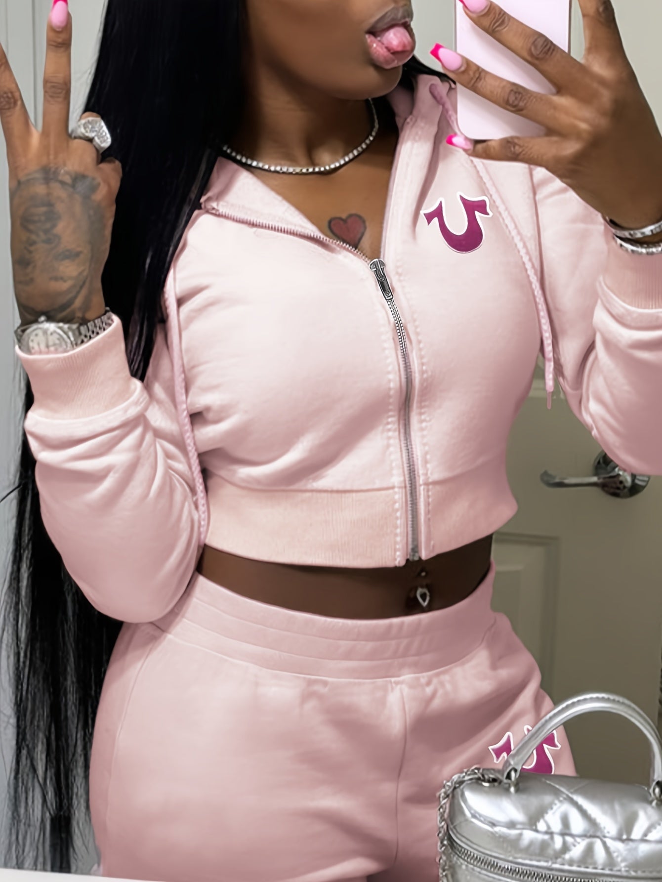 2pcs Women'S Casual Streetwear Set - Polyester Knit Fabric, Geometric Pattern, Hooded Collar, Zip-Up Hoodie and Long Pants, for Fall/Winter