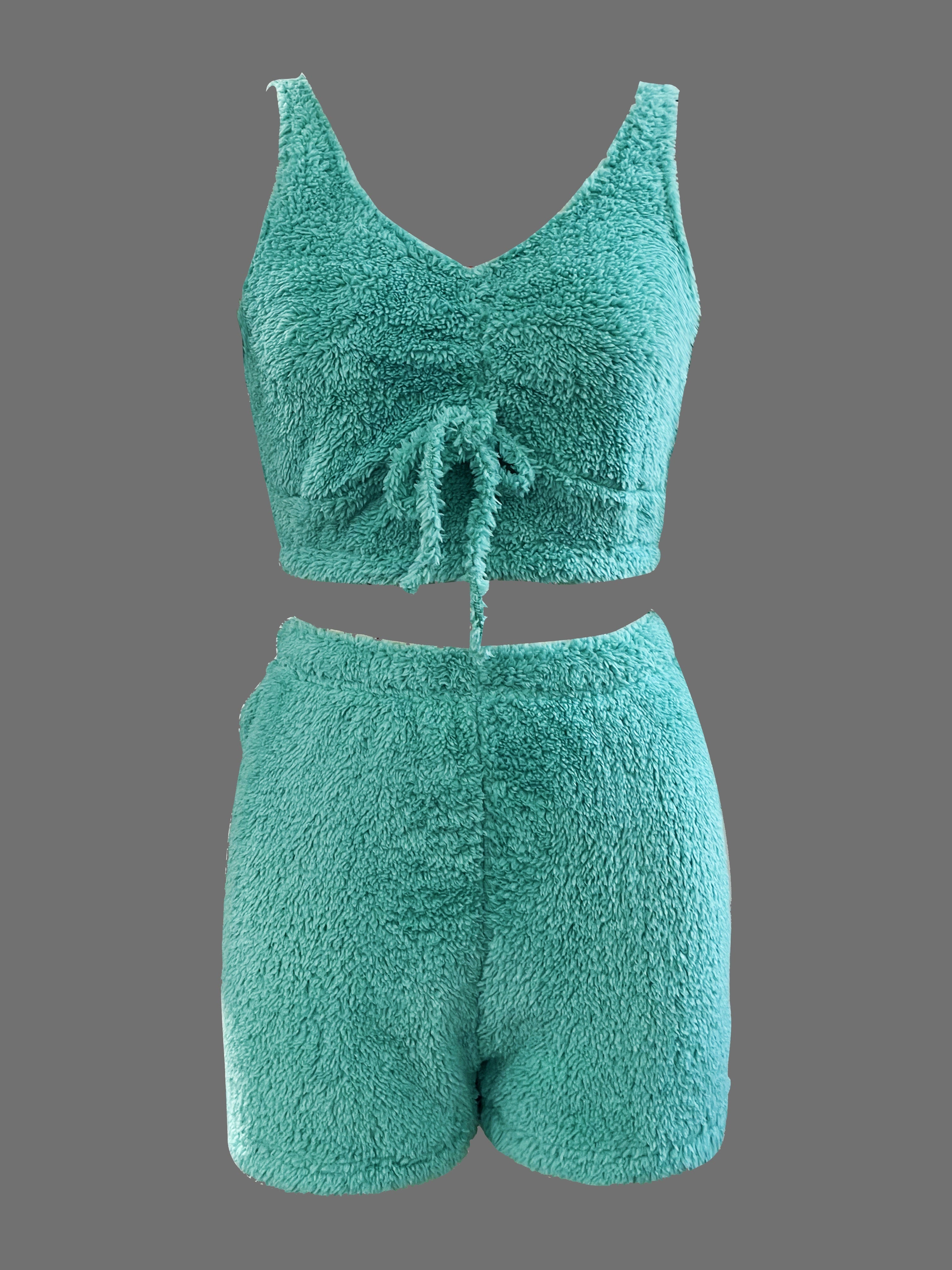 Chic Women's 3pcs Casual Fuzzy Outfit Set - Vibrant Teal, Polyester Knit with Lace Trim, Long Sleeve Cardigan & Crop Top + High-Waisted Shorts, Machine Washable - Cozy & Stylish for All Seasons, Casual Clothing Set|Relaxed Fi