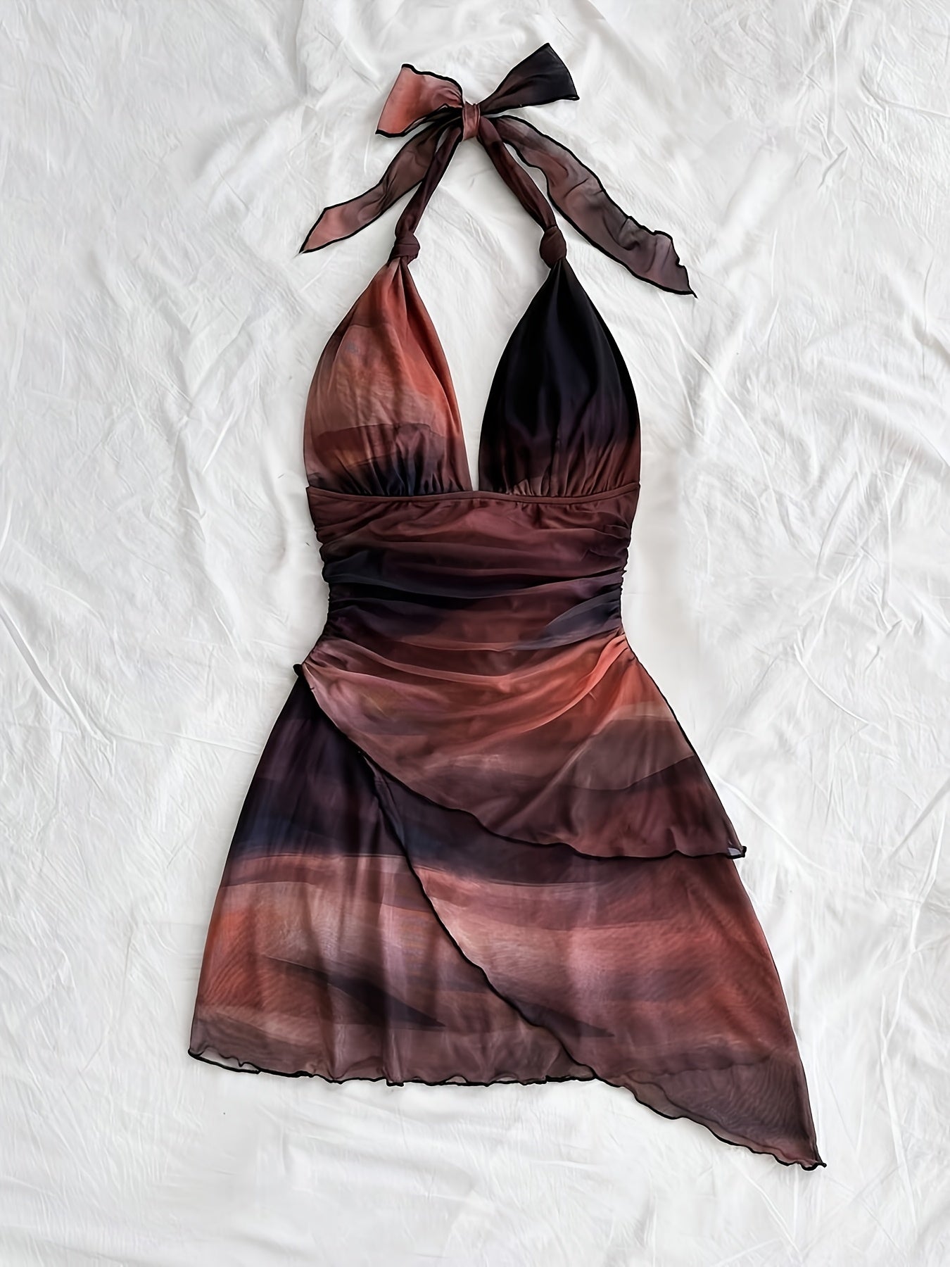 Women'S Fashionable Ombre V-Neck Dress - Asymmetrical Sleeveless Maxi Dress with Ribbon Detail, Perfect for Spring/Summer Vacation, Vacation Attire|Asymmetrical Hemline|Ribbon Accent, Beach Dress