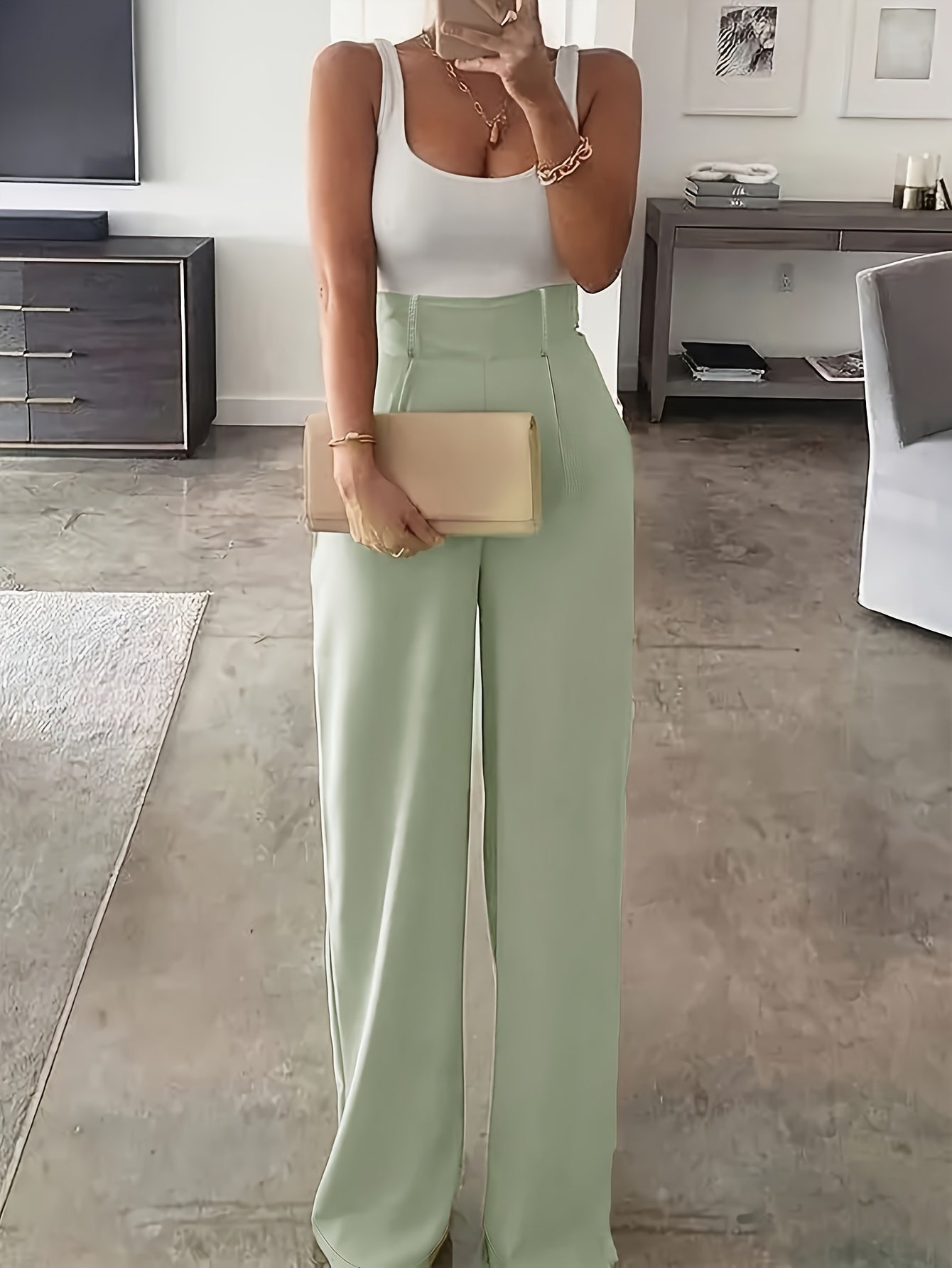 1pc Elegant High-Waisted Wide Leg Pants for Women - Solid Color Polyester, All-Season Long Trousers, Woven Weave, No Belt Required