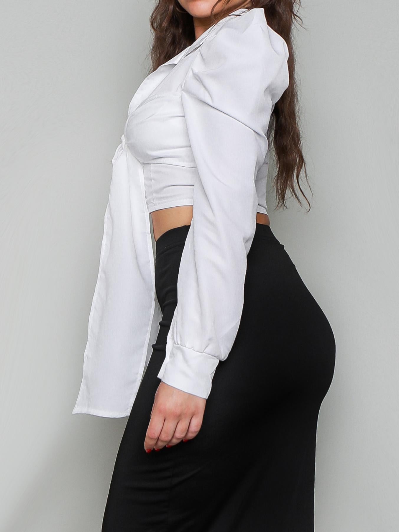 BUTTONED PUFF SLEEVE TIED DETAIL TOP
