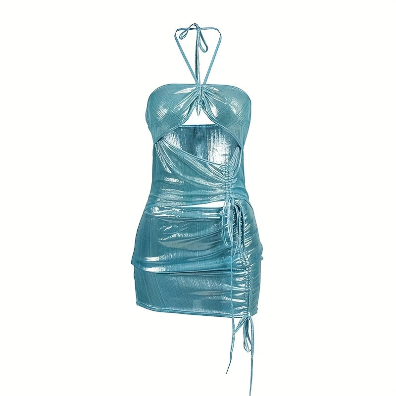 1 set, Women's sexy tight fitting dress, nightclub short hip hugging skirt, party sexy short skirt, soft and comfortable fabric, shiny fabric, sexy patent leather, suspender, hollow out, hip hugging skirt, paired with thong,