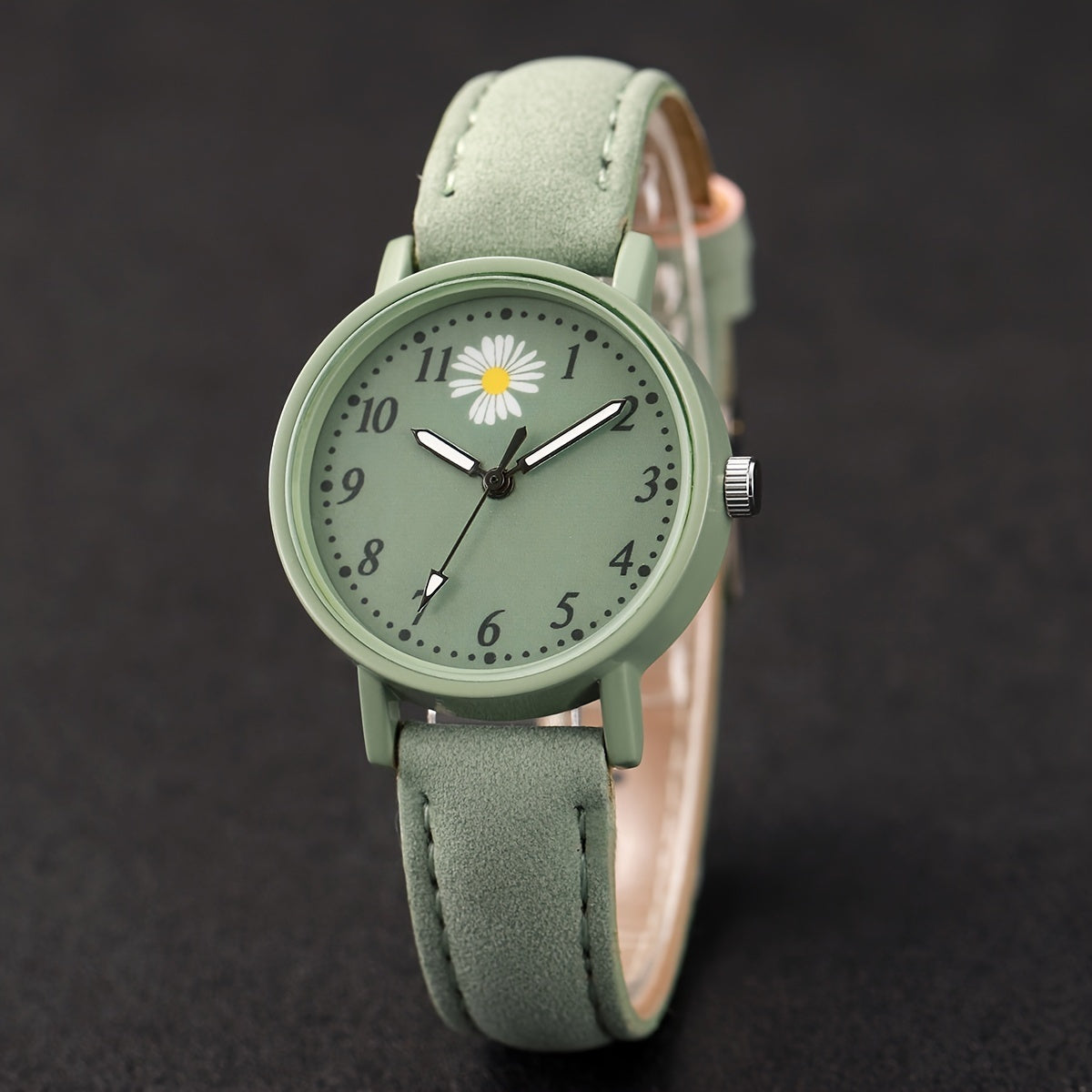 Women's Fashion Fresh Green Digital Flower Dial Quartz Watch + Bracelet 2pcs/set Without Watch Box