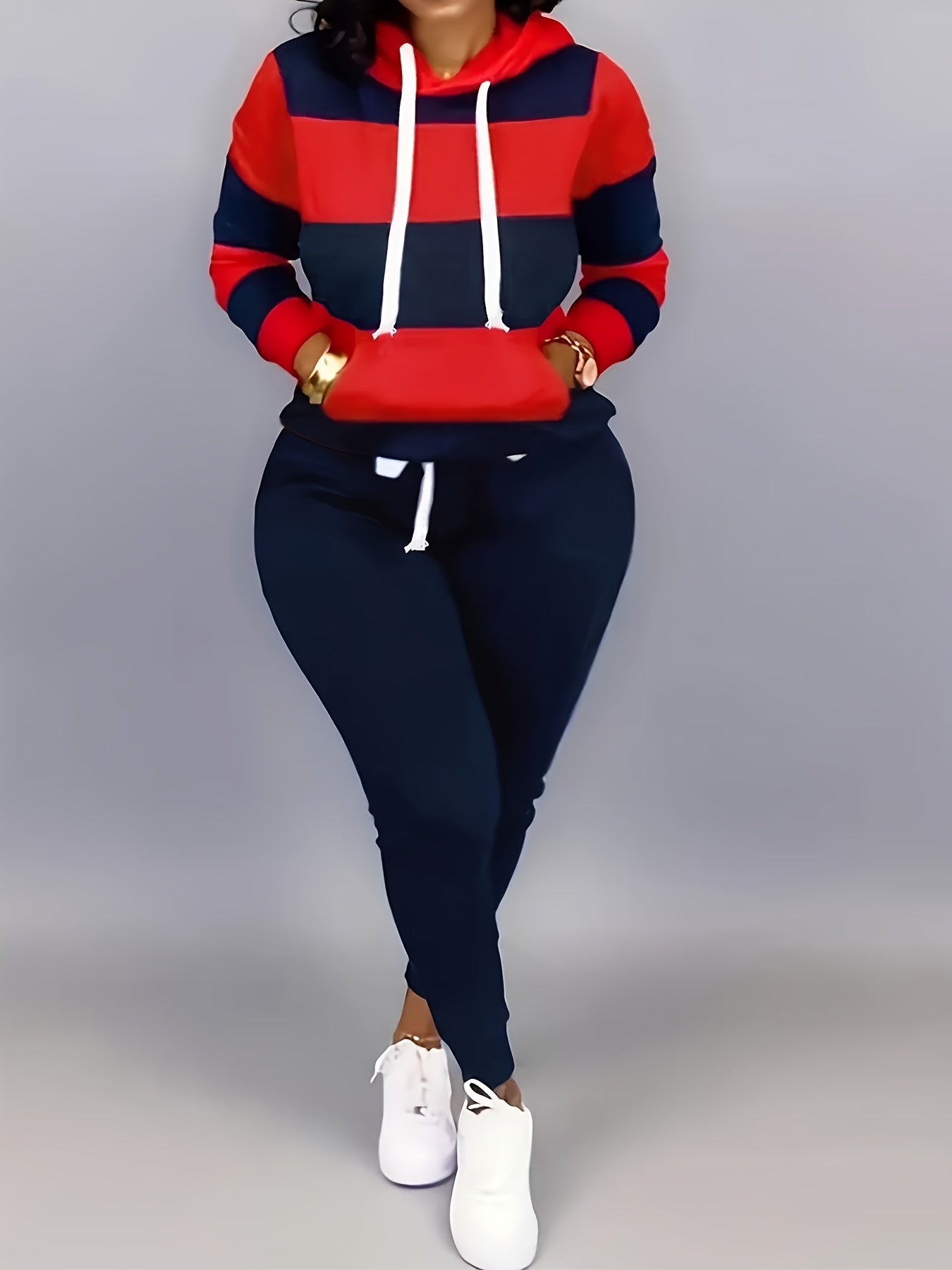 2 Pcs Cozy Striped Lounge Set - Soft Long Sleeve Kangaroo Pocket Hoodie & Drawstring Elastic Waist Jogger Sweatpants - Women's Comfortable Casual Wear for Daily Life