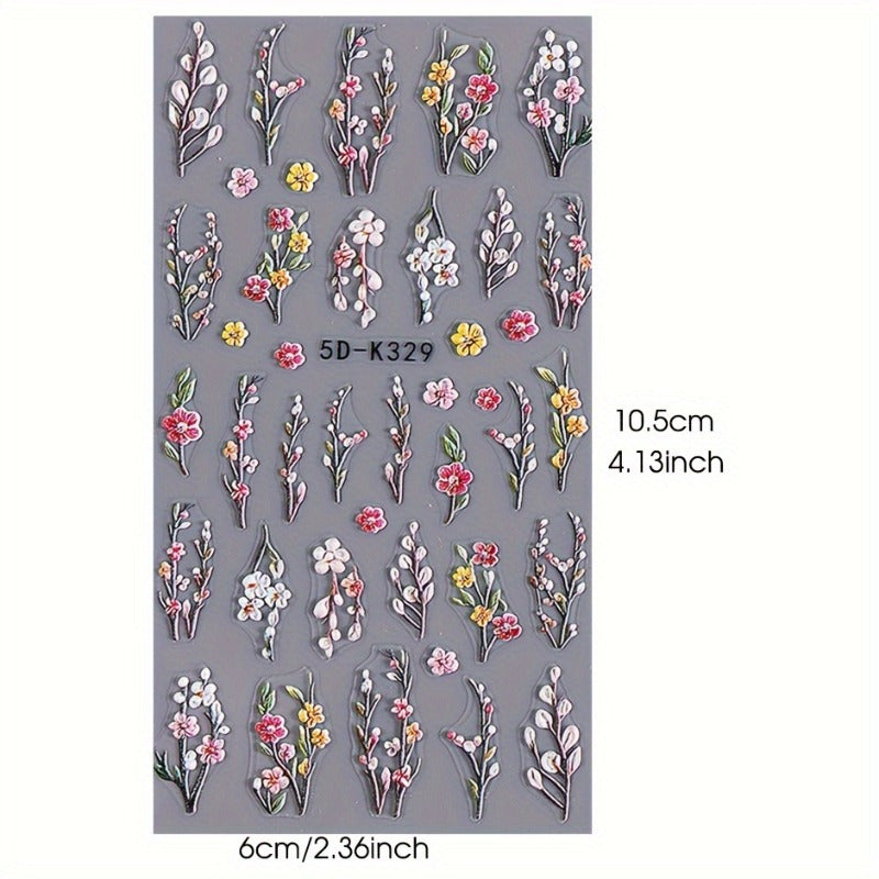 2pcs 5D Floral Nail Art Stickers - Dreamy Purple & Pink Flowers, Vines & Roses | Realistic Self-Adhesive Decals for DIY Manicure | Fragrance-Free, Reusable Plastic Embellishments with Glitter Accents, Nail Stickers