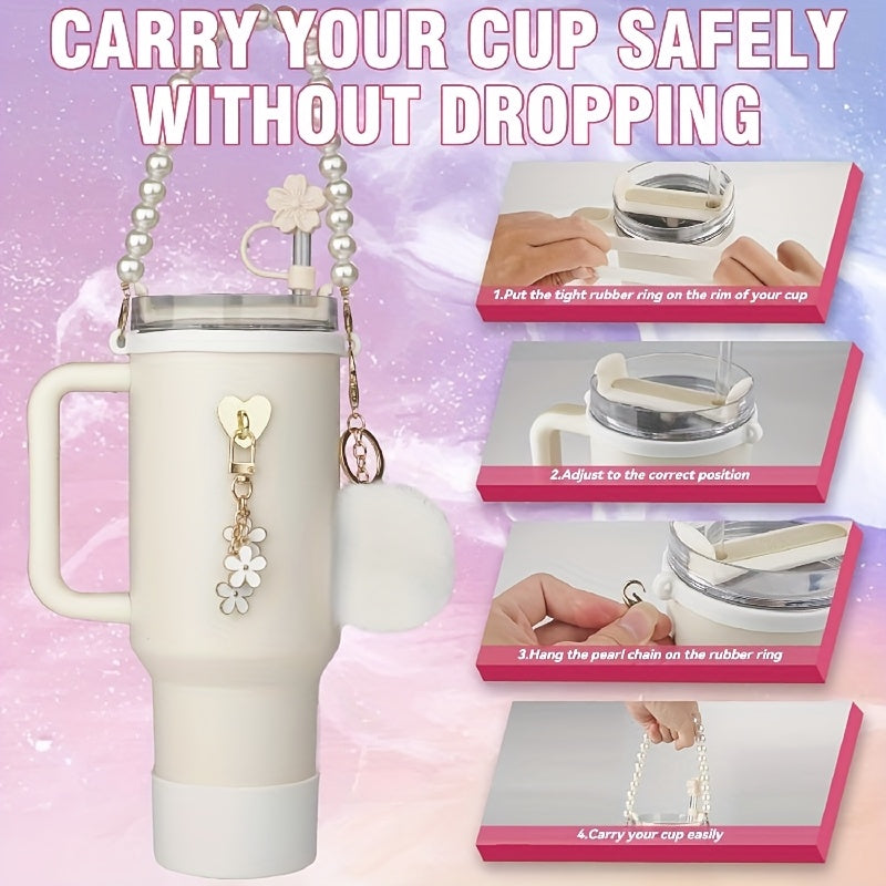 Exquisite 7pcs Cup Accessory Set 40 Ounces: Our Cup Accessory Set Includes Silicone Straw Cap, Rubber Cup Ring, Pearl Chain, Keychain, Bottle Boots, Heart-shaped Keychain, And Heart-shaped Hook, Stylish And Of Excellent Quali