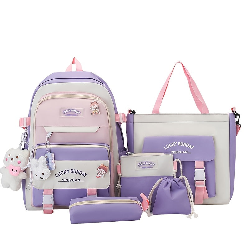 Five-Piece Large Capacity Double Shoulder Bag Women's Fashion Simple Color-Block Casual Backpack (No Pendant, Badge Ladies Travel Bag)