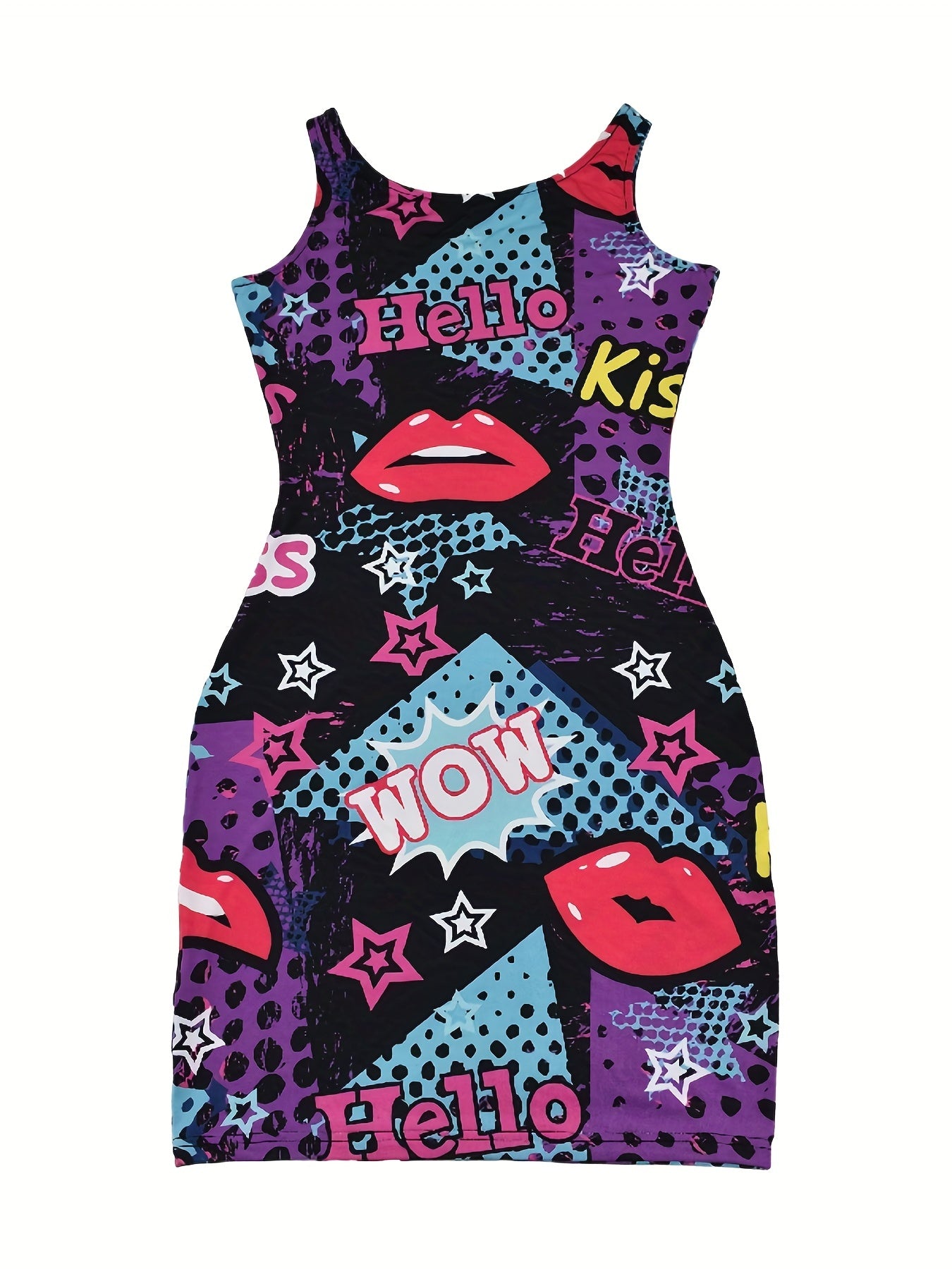 Sexy Bodycon Midi Dress with Bold Letter & Lips Graphic Print - Sleeveless Round Neck Stretchy X-Silhouette Machine Washable All-Season Casual Party Wear, Festive Attire, Retro Lip Graphic, Medium Elasticity Fabric