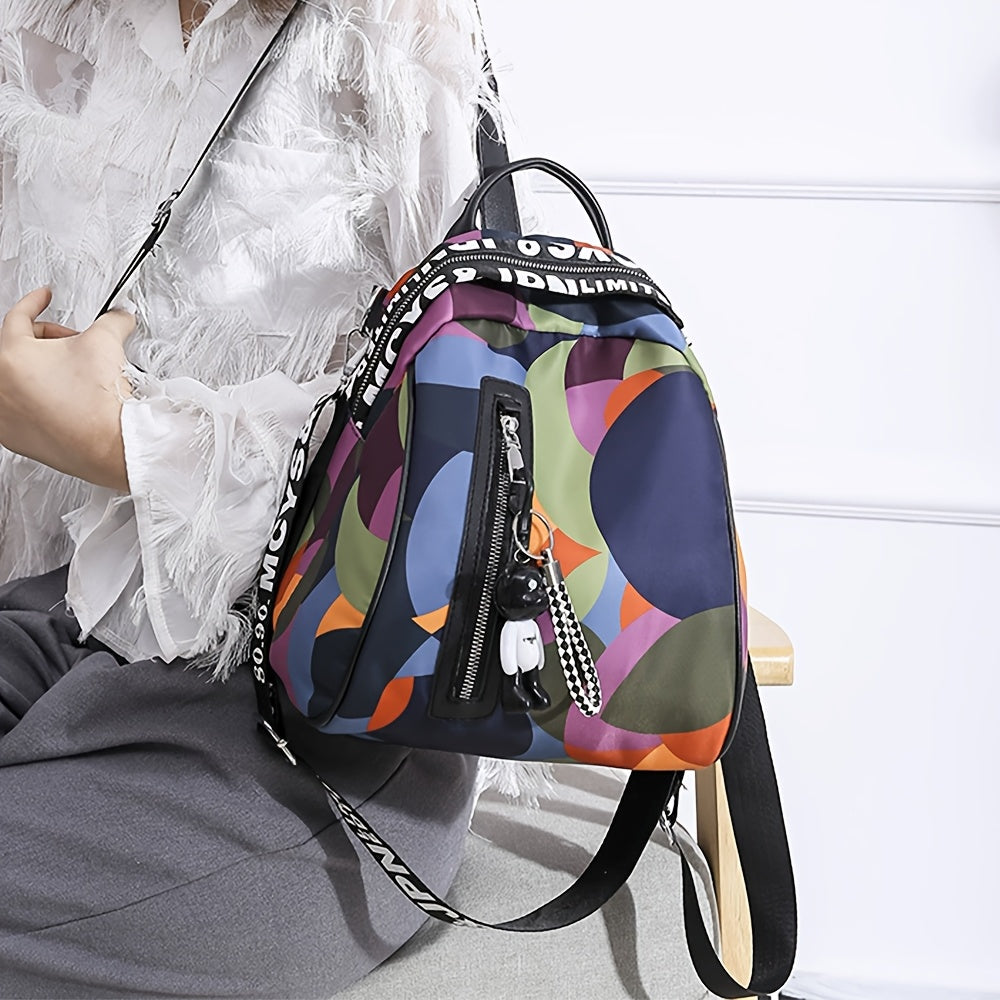 Women's Colorful Geometric Oxford Cloth Backpack - Multifunctional Handbag, Shoulder Bag & Crossbody Purse with Adjustable Straps, Zipper Closure & Bonus Teddy Bear Keychain Accessory, Versatile Travel Purse | Trendy Women's