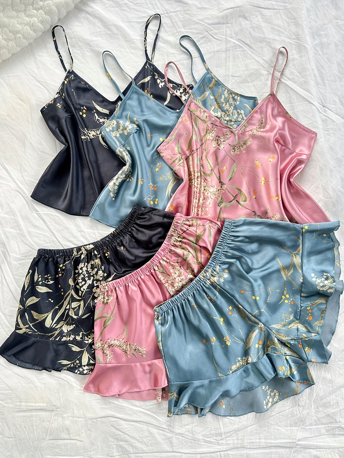 6pcs Women'S Pajama Set, Sexy V-Neck Cherry Print Camisole with Ruffle Shorts, All-Season Comfortable Polyester Sleepwear, 100% Polyester, 90g/m² Woven Fabric, Adult Nightwear