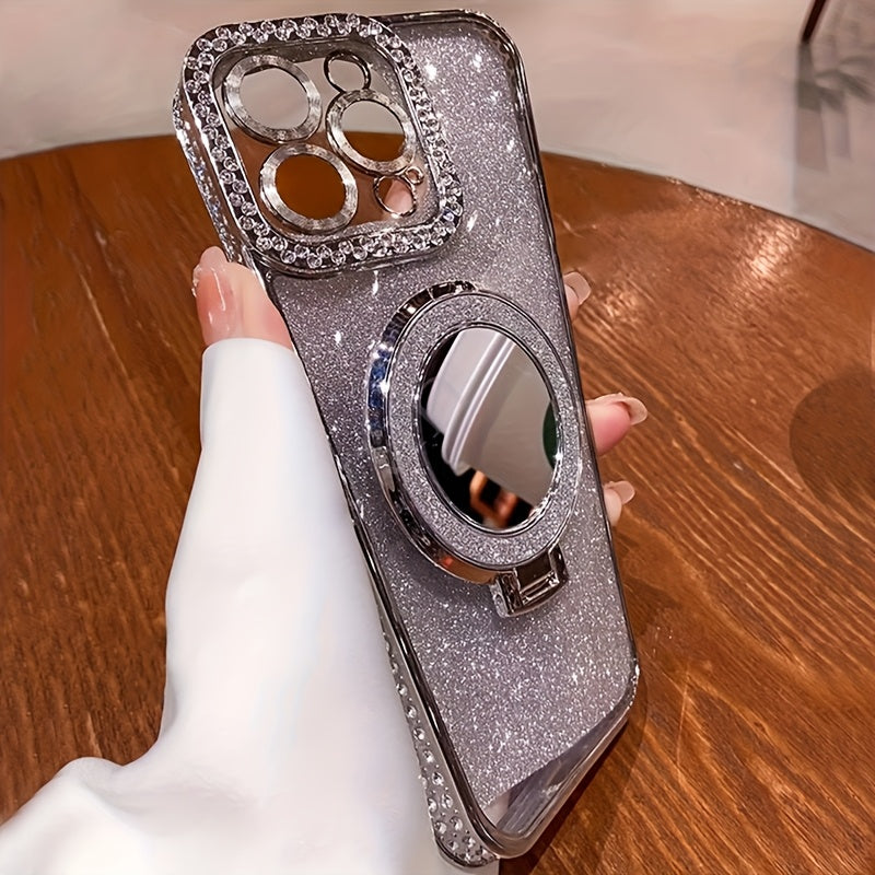 New Luxury Premium Flash Double Row Diamond Mirror Magnetic Stand Full Lens Phone Case for Apple iPhone 16 15 Promax 14 Plus 13 Pro 12 11 Pro Max/Niche Transparent Anti-drop Soft Adhesive Protection Back Cover/boyfriend And G