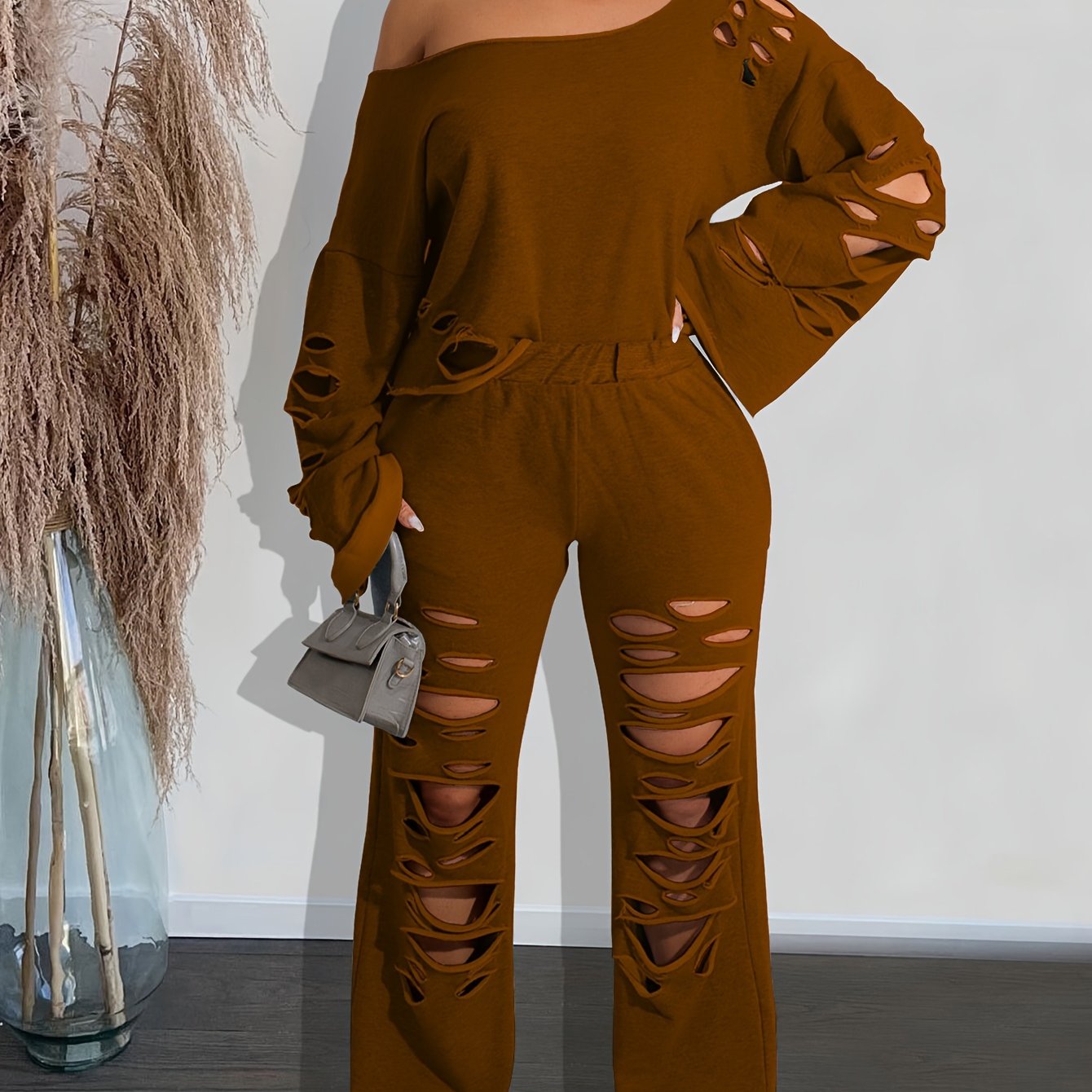 Casual Solid Cut Out Two-piece Set, Long Sleeve Asymmetric Top & Long Pants Outfits, Women's Clothing