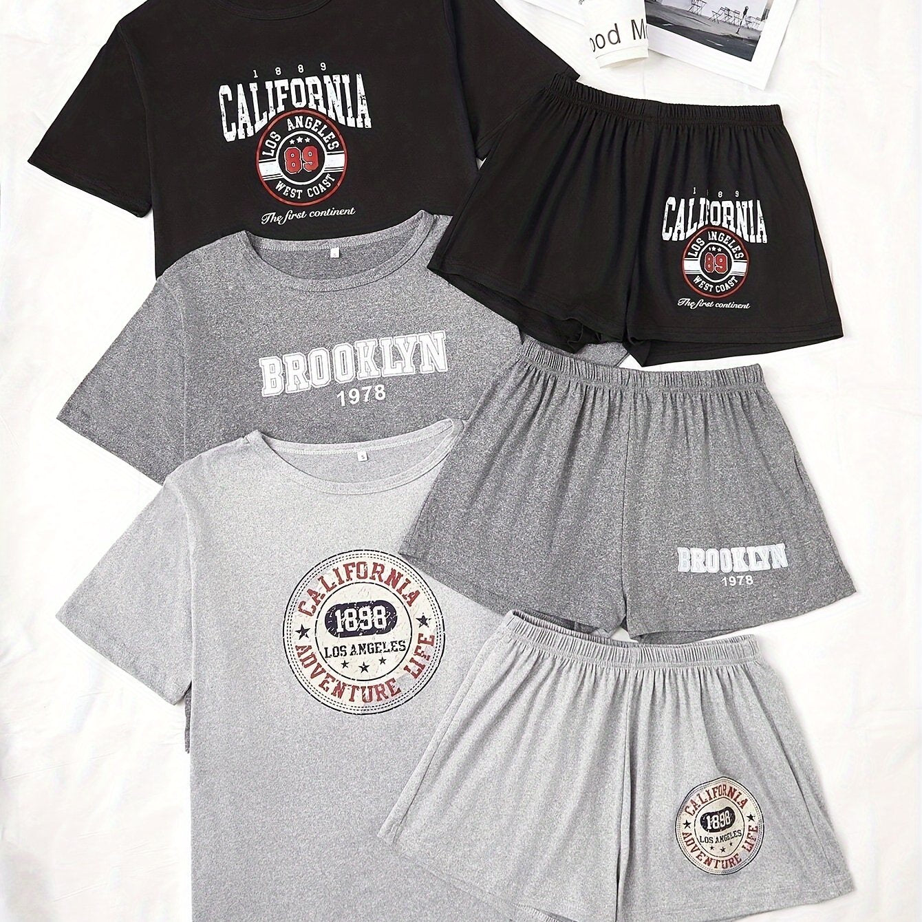 3 Sets Women's Letter Print Casual Pajama Set, Short Sleeve Round Neck Top & Shorts, Comfortable Relaxed Fit