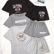 3 Sets Women's Letter Print Casual Pajama Set, Short Sleeve Round Neck Top & Shorts, Comfortable Relaxed Fit
