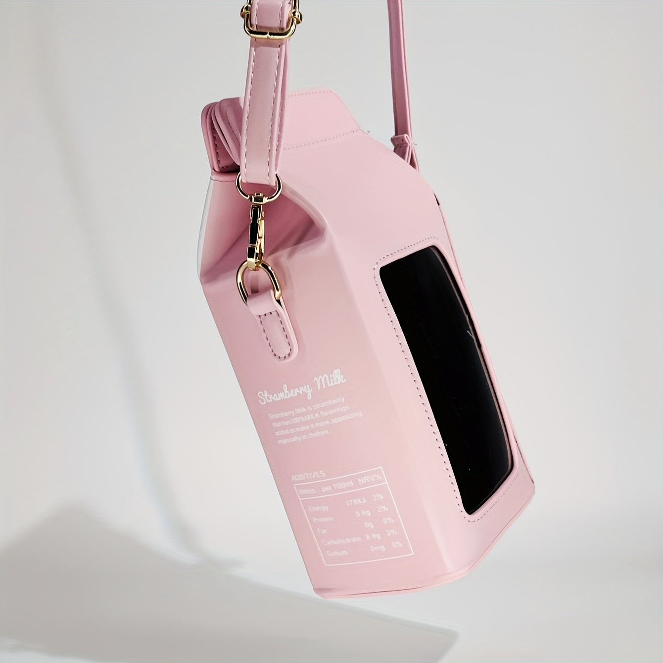 Unique, Chic Milk Carton-Shaped Crossbody Bag with Cow & Letter Print, Adjustable Strap, Zip Closure - Perfect for Travel & Everyday Use, Pink Faux Leather, Girl, Strawberry Pattern