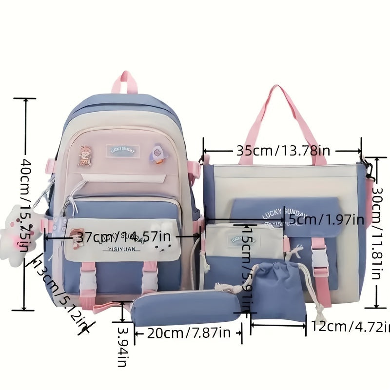 Five-Piece Large Capacity Double Shoulder Bag Women's Fashion Simple Color-Block Casual Backpack (No Pendant, Badge Ladies Travel Bag)