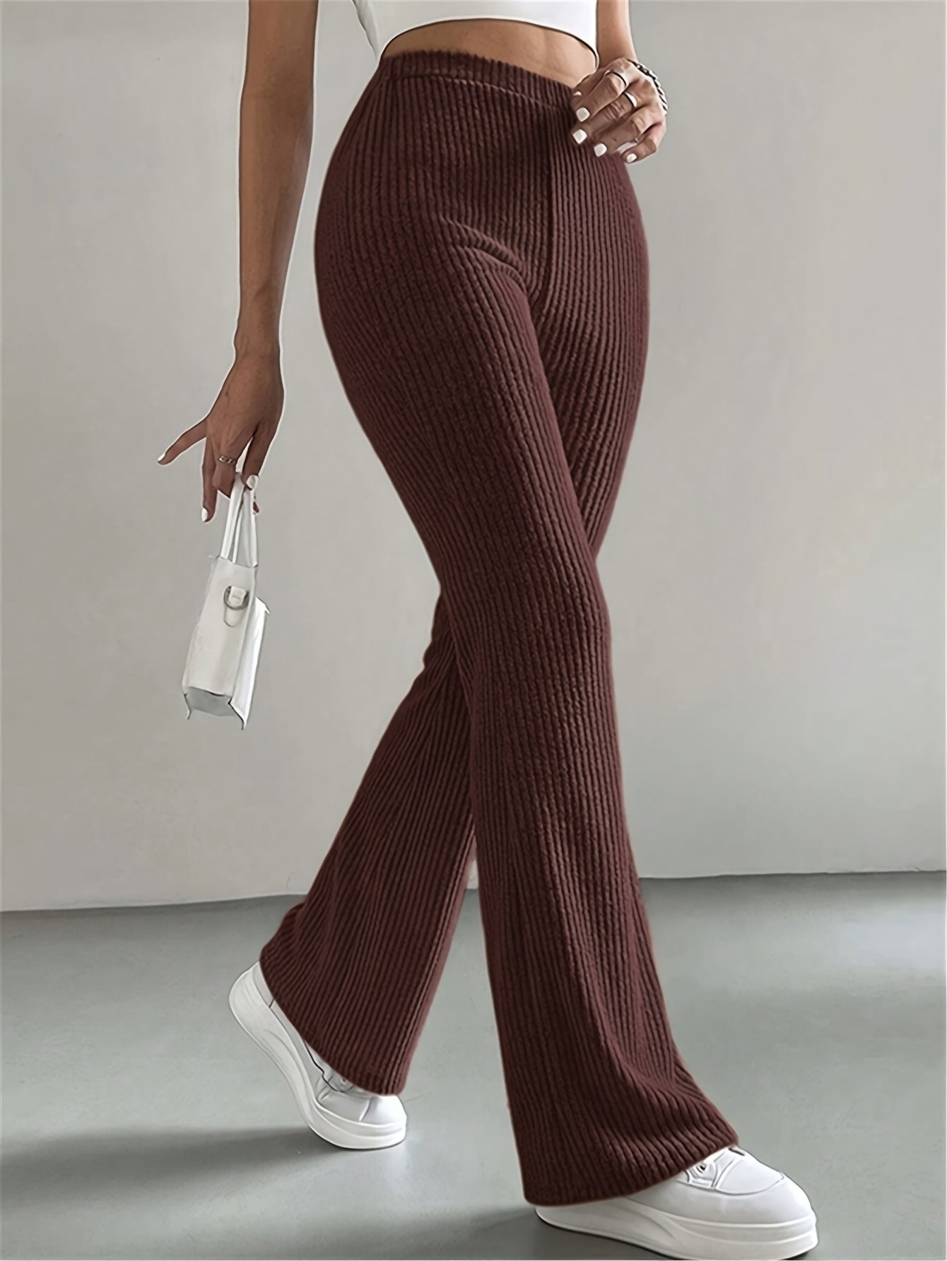 High-Waisted Flare Pants, Elegant Solid Women's Trousers
