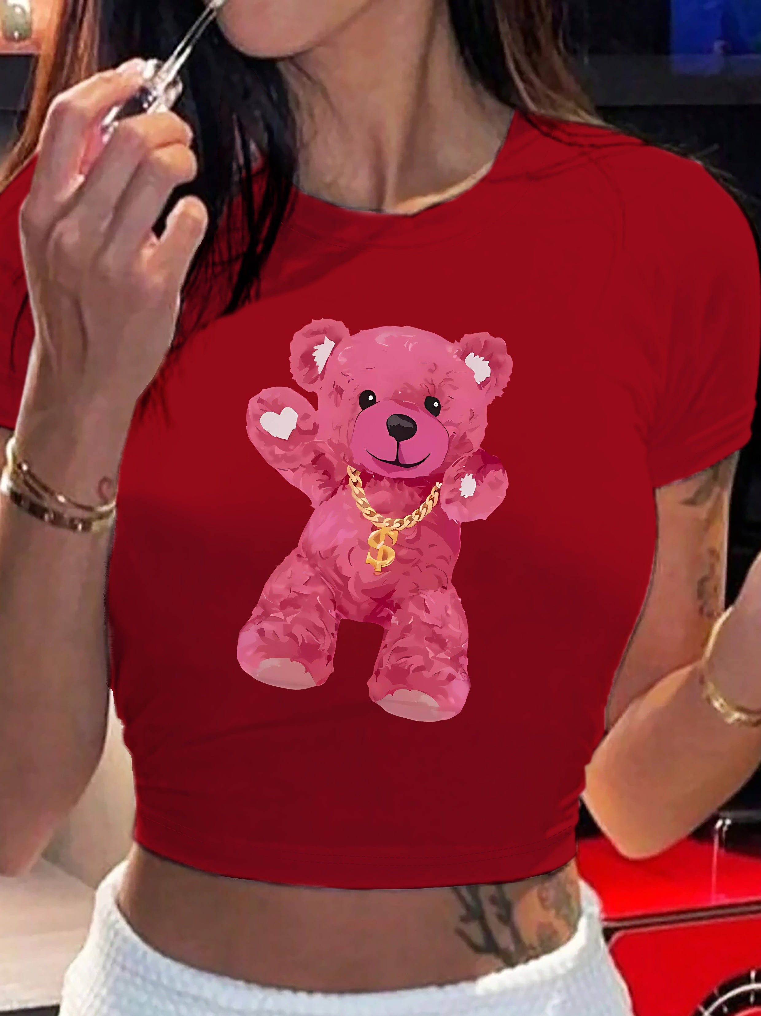 1pc Y2K Style Pink Teddy Bear Graphic Crop Top - Short Sleeve Round Neck Semi-Transparent Polyester Blend Tee for Women, Spring/Summer Casual Wear, Teddy Bear T Shirt