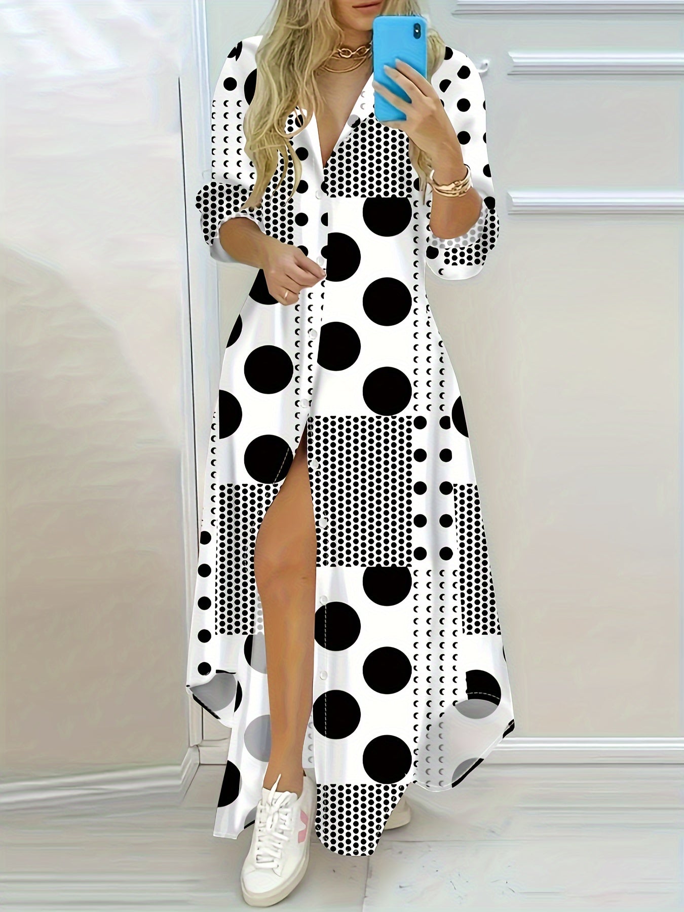 Vintage-Inspired Polka Dot Long Sleeve Shirt Dress - Button Detail, Non-Stretch Polyester, Machine Washable - Perfect for Spring/Fall