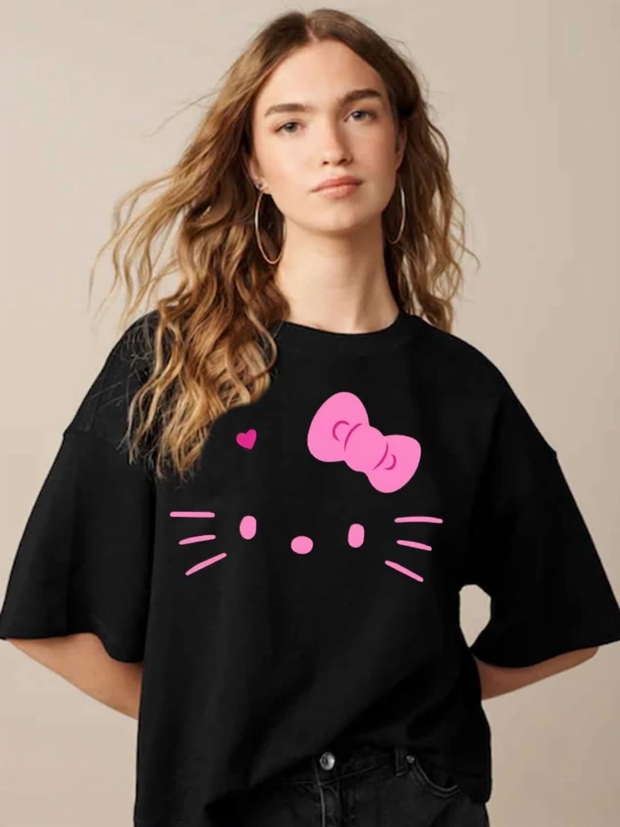 Soft Cotton Hello Kitty Graphic T-Shirt – Cute Black Round Neck Tee with Pink Bow Design, Short Sleeve Casual Wear for Teens | Perfect Gift for Valentine’s Day, Easter, Birthdays, Hello Kitty Shirt
