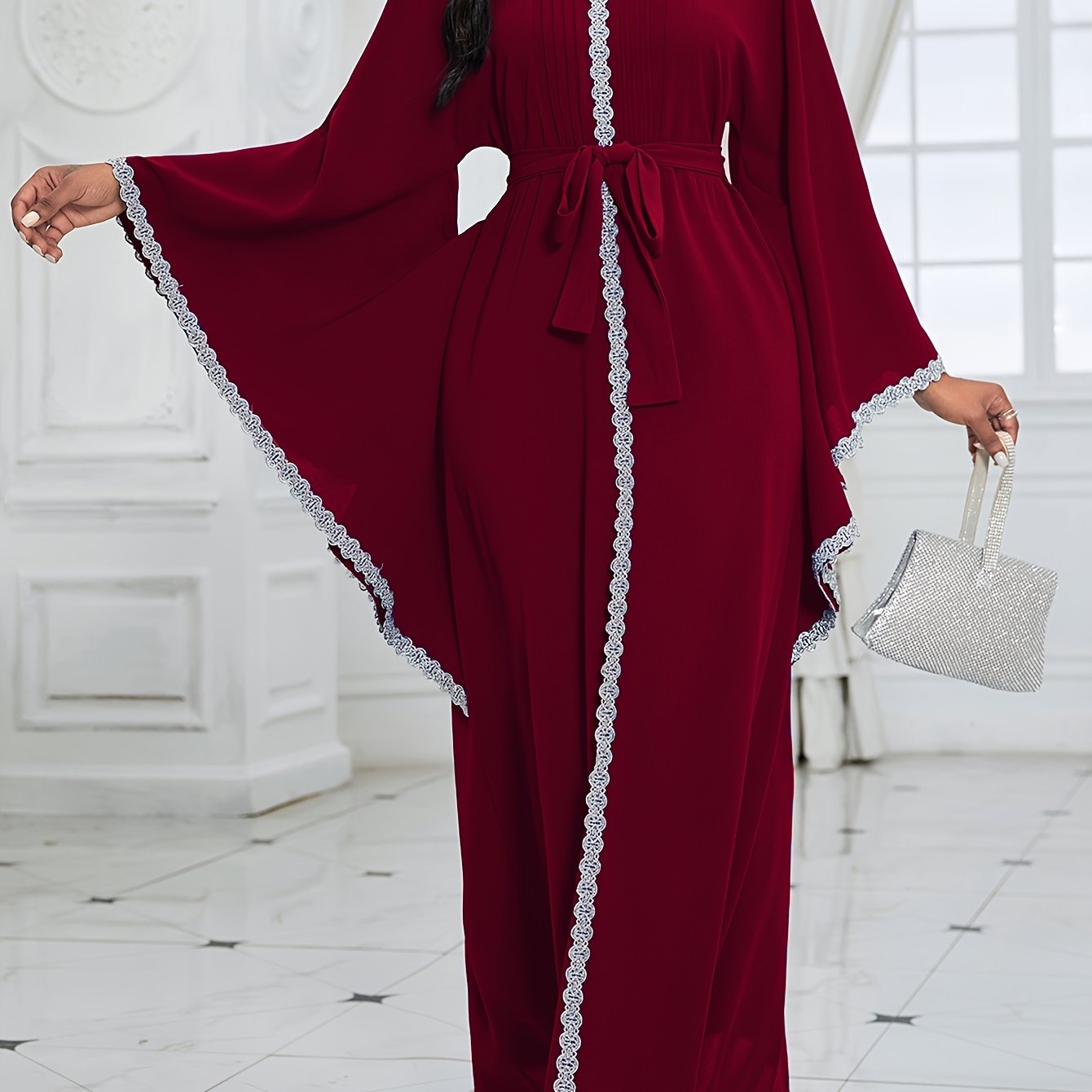 Contrast Lace Flare Sleeve Dress, Elegant Crew Neck Tied Waist Ankle Length Dress For Party & Banquet, Women's Clothing Wedding/Occasion/Engagement/Ceremony/Evening dress