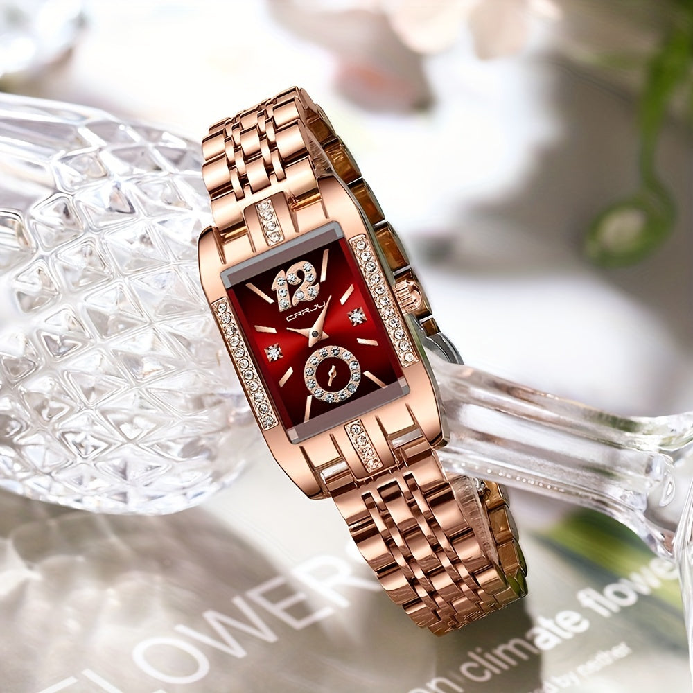 Stainless Steel Women's Luxury Watch, Elegant Rectangle Pointer Analog Quartz Rhinestone WR Wrist Watch
