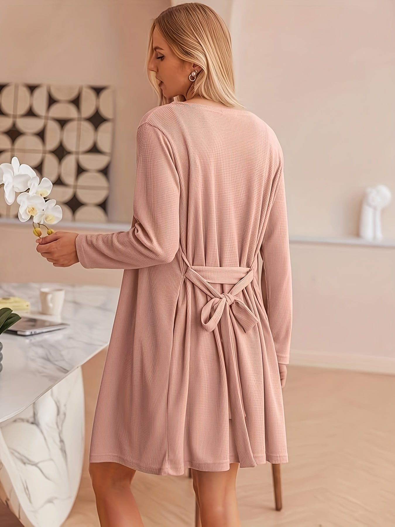 Women's Casual Solid Waffle Lounge Set, Long Sleeve Robe With Belt & Round Neck Backless Crop Cami Top & Shorts, Comfortable Relaxed Fit, Summer Home Wear