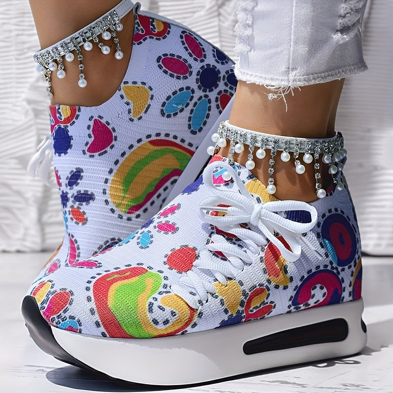 Abstract Print Side Lace-up Casual Wedge Sneakers - Without Anklet
