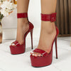 1 Pair of Red Open-Toe High Heel Sandals with Adjustable Ankle Strap & Buckle, 16cm Ultra-High Stiletto Heels, Glossy Cover, Perfect for Parties & Formal Events, Fashion Accessory | Adjustable Strap Sandals | Rubber Sole Stab
