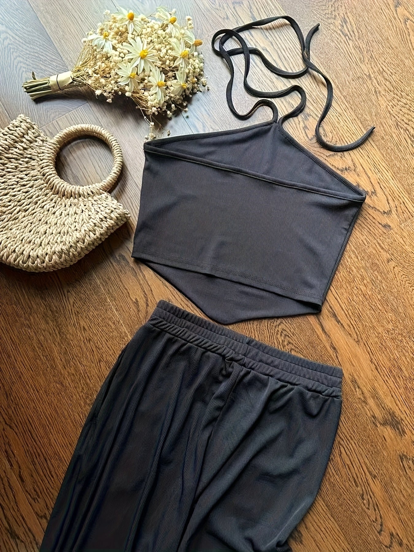 Summer Design Off-Shoulder Crop Top + Elastic Waist Flare Pants Set