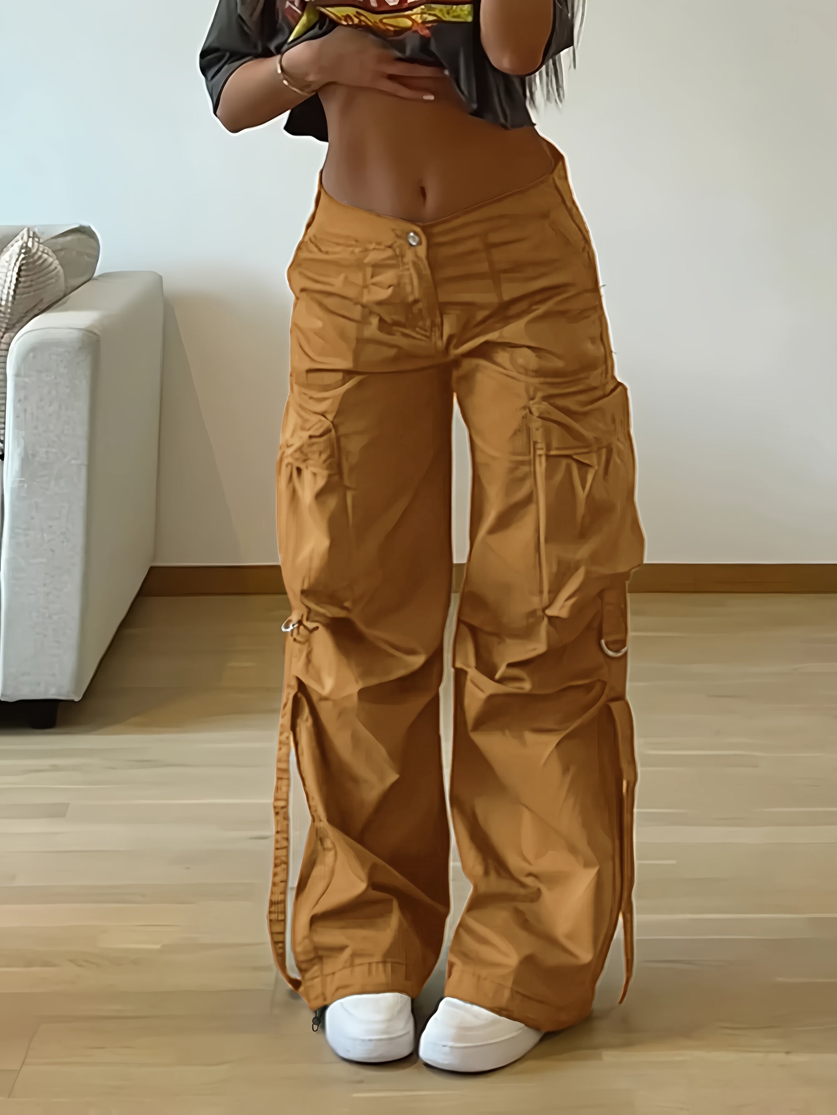 Casual Solid Color Cargo Pants for Adults, 100% Polyester Woven Fabric, All-Season Tapered Jogger Style with Drawstring, Pockets, 130g/m² Weight - Streetwear Essential