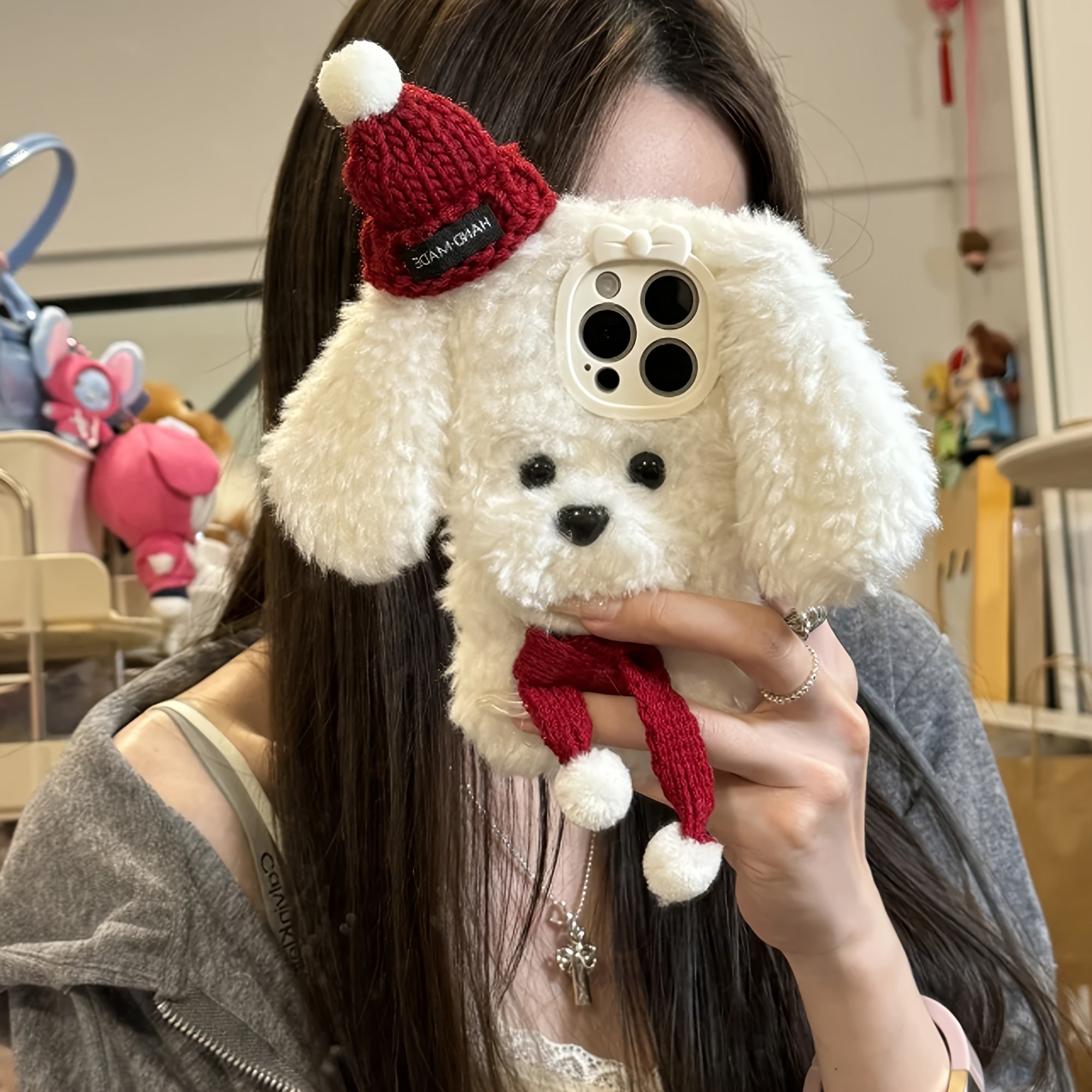 [1pc 3D Dog Plush Phone Case] Autumn And Winter Three-Dimensional Scarf Knitted Hat Dog Plush Phone Case Suitable for Iphone 16 Pro Max