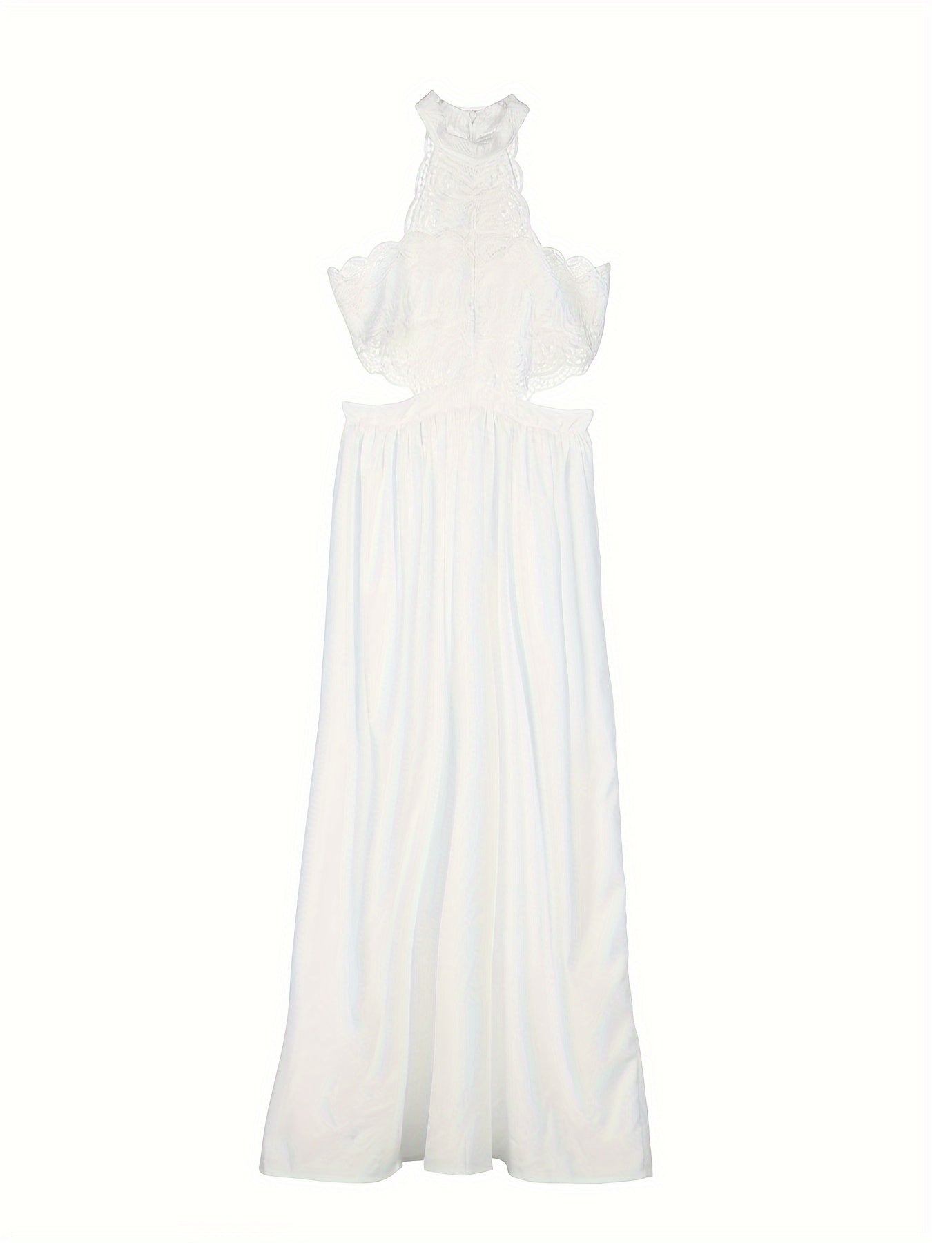 Women Hollow Out Lace Halter Dress, Crochet High Waist Pleated Maxi Dress Wedding Party Dress
