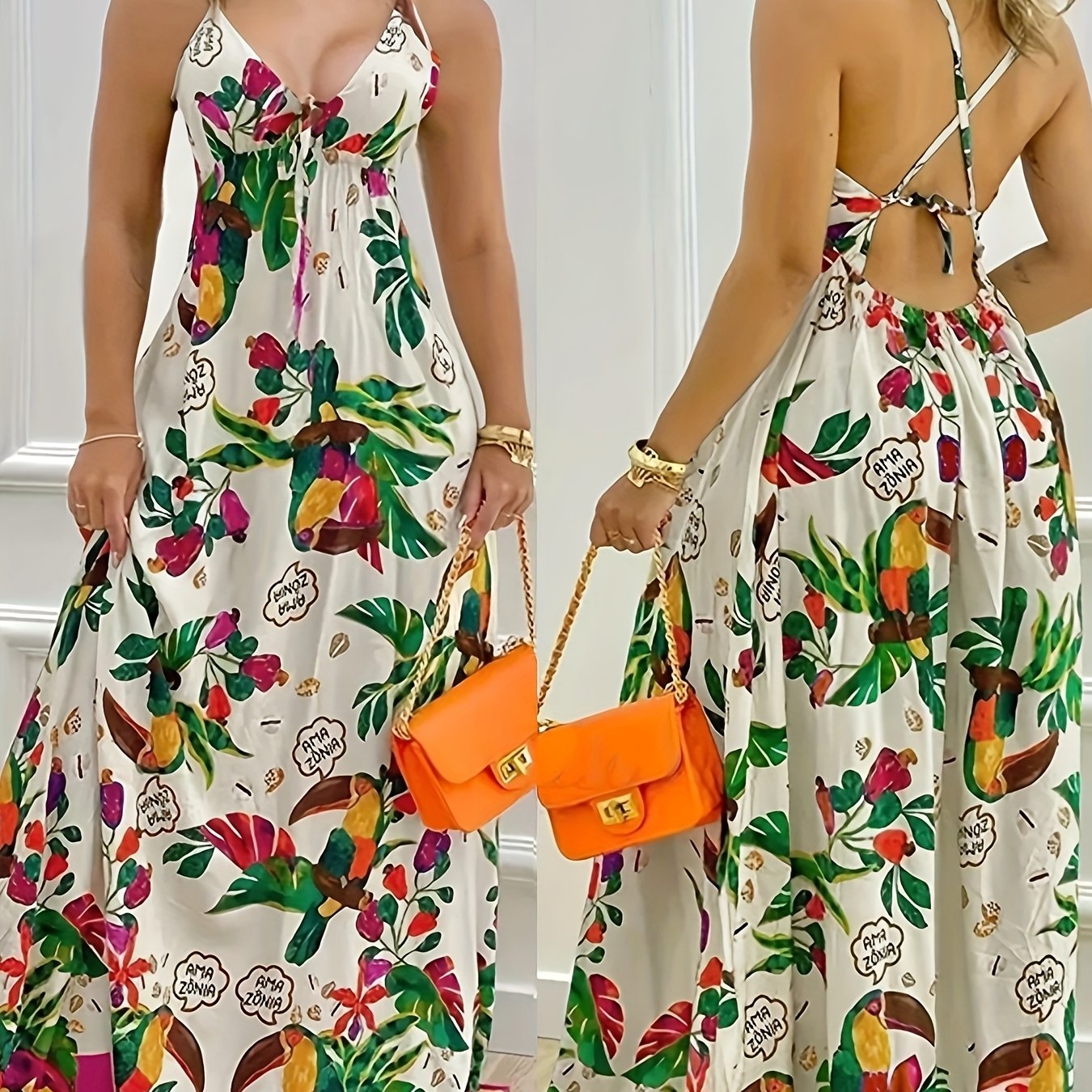 Elegant Summer V-Neck Sleeveless Maxi Dress for Women - Tropical Print with Lace-Up Back Detail, Pleated Design, Machine Washable Polyester
