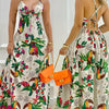 Elegant Summer V-Neck Sleeveless Maxi Dress for Women - Tropical Print with Lace-Up Back Detail, Pleated Design, Machine Washable Polyester