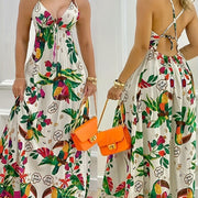 Elegant Summer V-Neck Sleeveless Maxi Dress for Women - Tropical Print with Lace-Up Back Detail, Pleated Design, Machine Washable Polyester