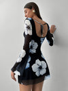 A Mini Dress with a Floral Print That Is Sexy And Elegant, Featuring a Backless Design And Breathable Long Sleeves.