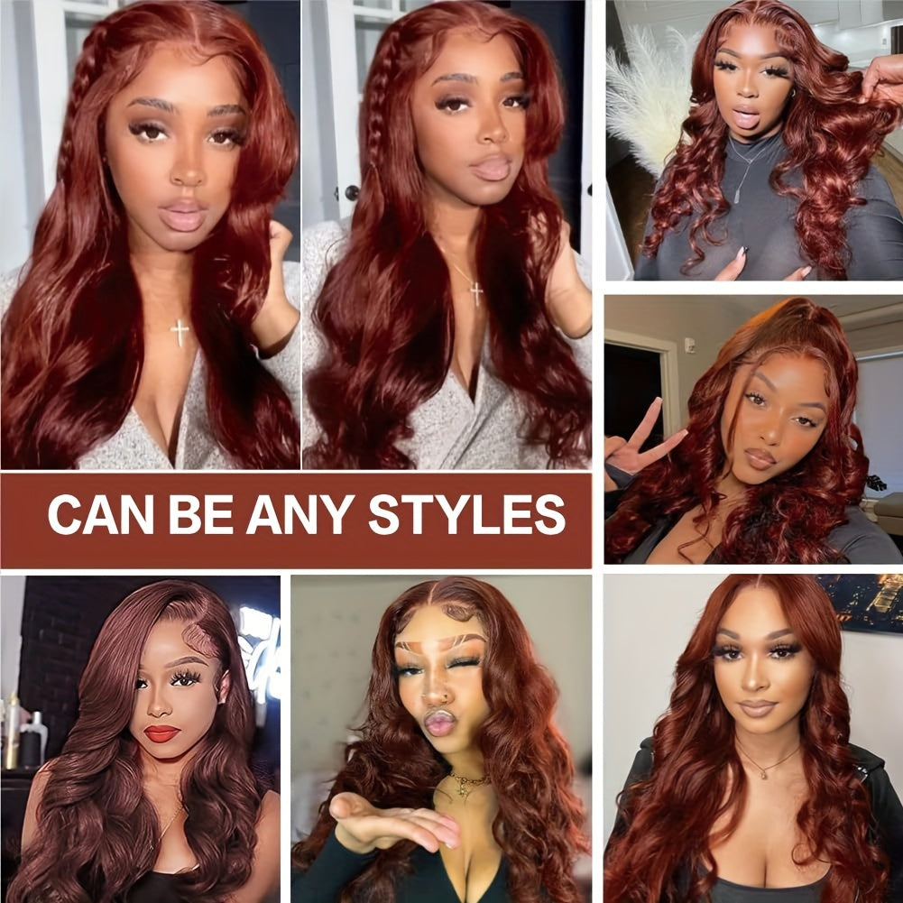 Reddish Brown Lace Front Wig Human Hair HD Transparent 13x4 Lace Front Wig Body Wave Human Hair Wig With Baby Hair 180% Density Pre-Plucked For Women