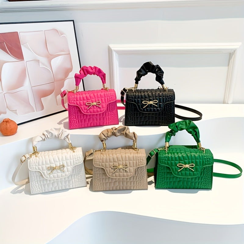 Vibrant Retro Crocodile Pattern Chic Shoulder Bag - Compact, Versatile, Fashionable, Everyday Wear with Bowknot Detail, Casual Street Style, and Chic Design - Perfect for Women's Daily Use