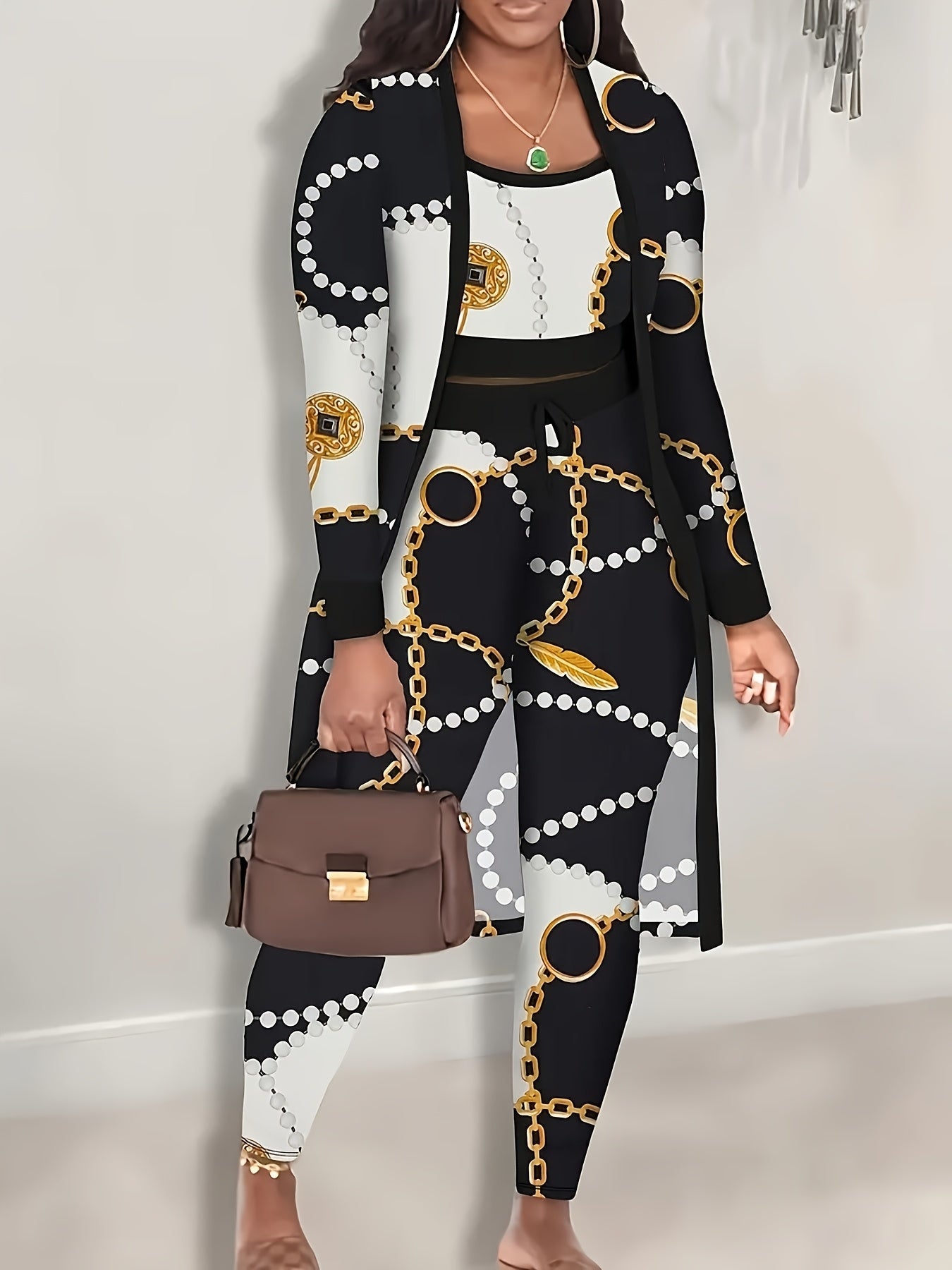 Three-Piece Set with All-Over Print, Featuring a Cropped Tank Top, Fitted Pants, And a Long-Sleeve Cardigan, Women'S Clothing, Sleepwear.