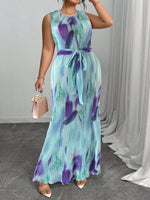 Plus-size Womens Round-neck Pleated Dress With A Traditional Chinese-style Print