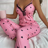 Women'S Spaghetti Strap Heart Pattern Polyester Pajama Set, Knit Fabric, Sexy Style, for Spring/Summer Sleepwear