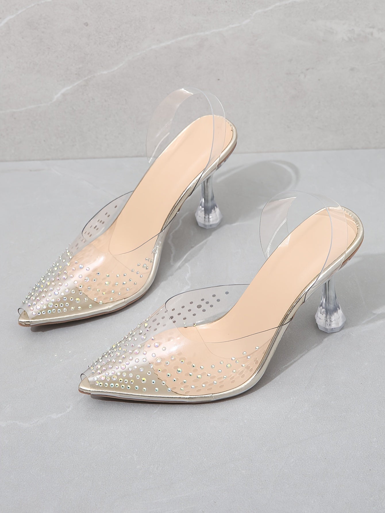 Women's Rhinestone Decor Stiletto Heels, Elegant Point Toe Dress Pumps, Fashion Transparent Strap Heels