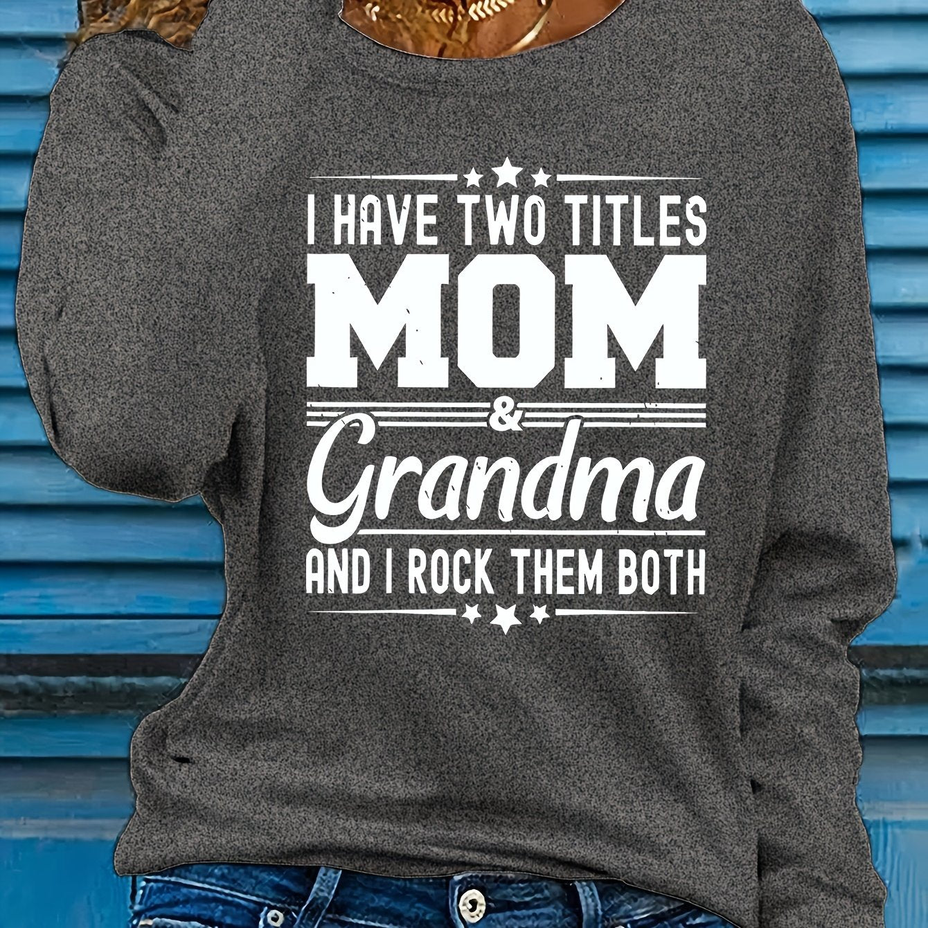 Women'S Long Sleeve Crew Neck T-Shirt with "Mom & Grandma" Letter Print, Casual Polyester Top for All Seasons, Knit Fabric with Medium Stretch, Regular Fit - Applique Detail